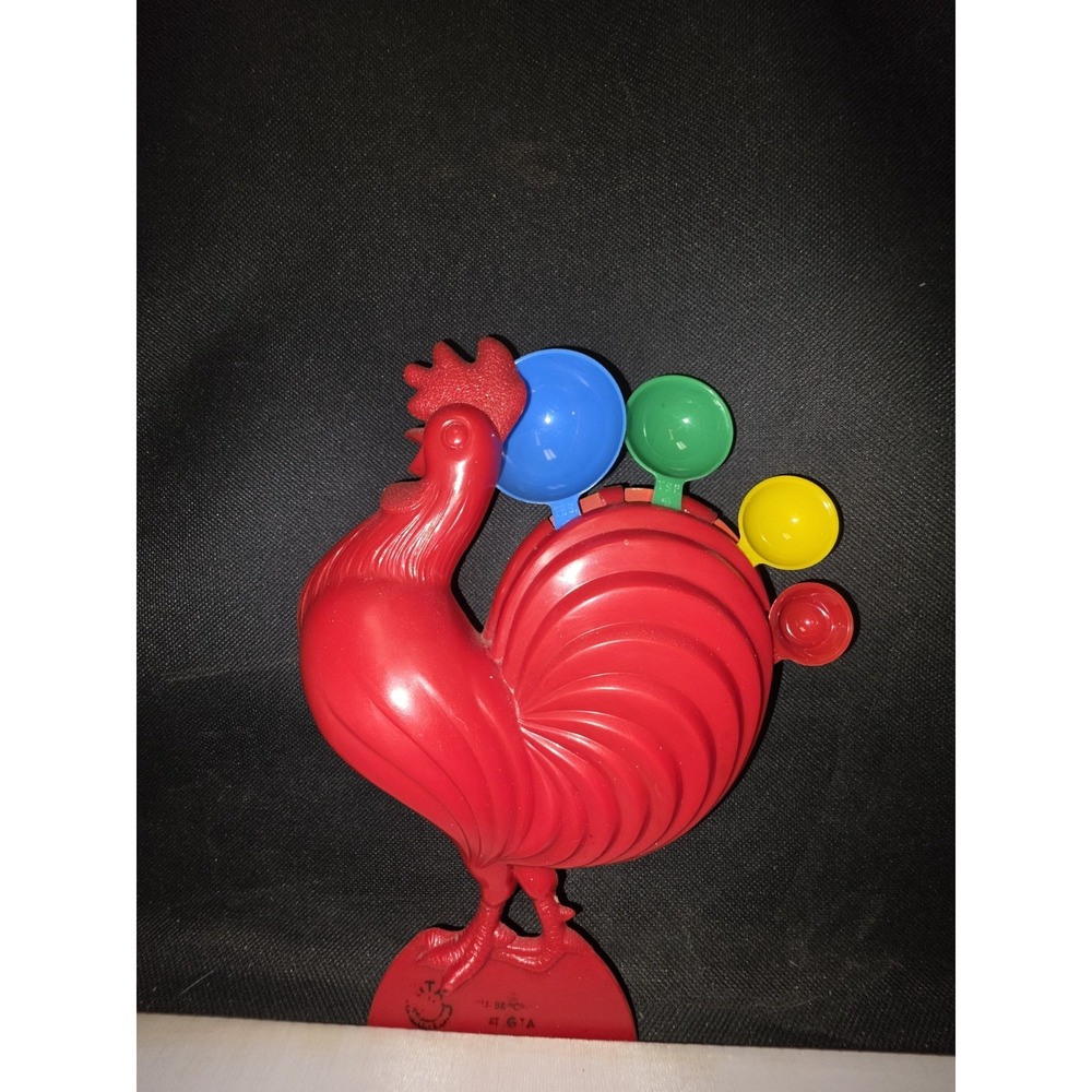 Vintage Hard Plastic Red Rooster Measuring Spoon Wall Hanging Advertising Holder